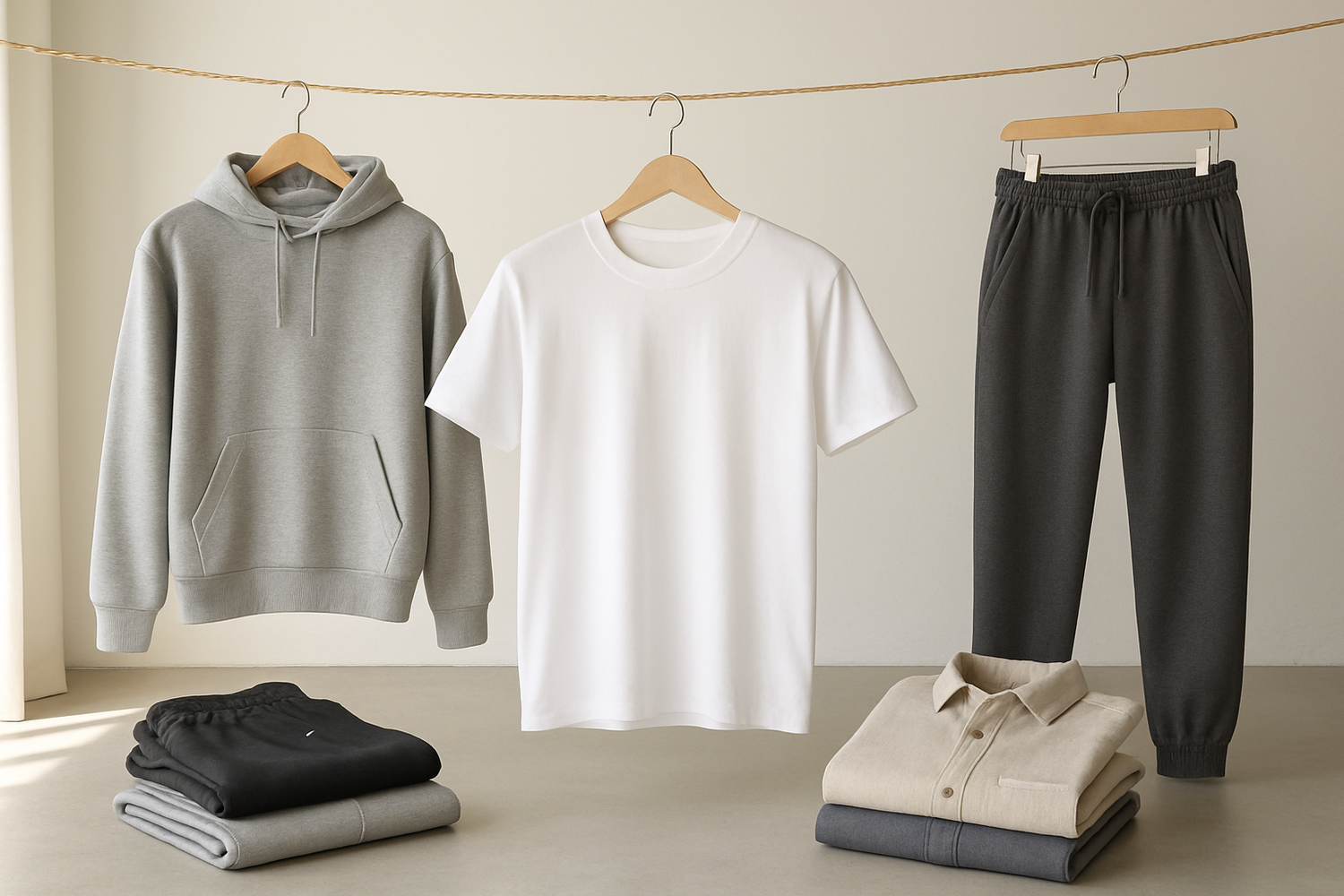 Image de vêtements décontractés avec un t-shirt blanc suspendu à une corde