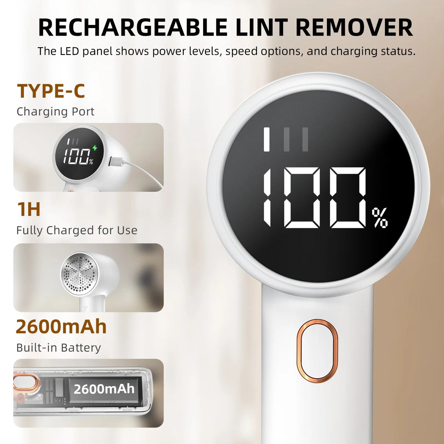 Rasoir Anti‑Peluches Électrique Rechargeable avec Écran LED